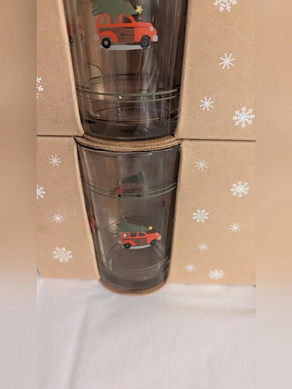 Pottery Barn juice glasses Set of 8 Christmas Car woody Crisa signed NIB
